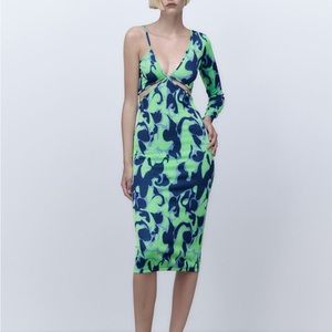 NWT ZARA CUT-OUT JACQUARD DRESS - Green / Blue Medium Blogger Favorite